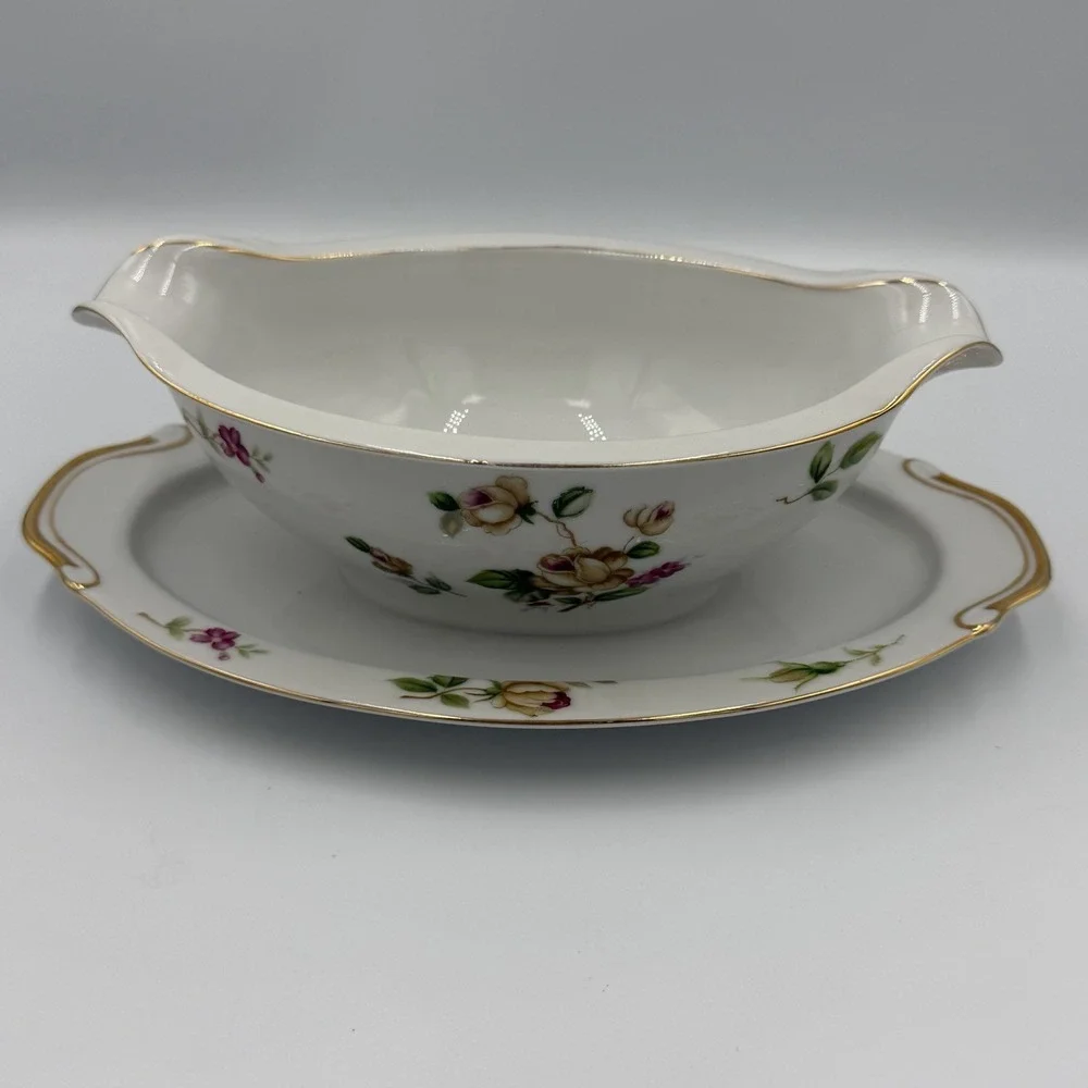 Vintage Lynmore Golden Rose Fine China Gravy Boat With Attached Plate